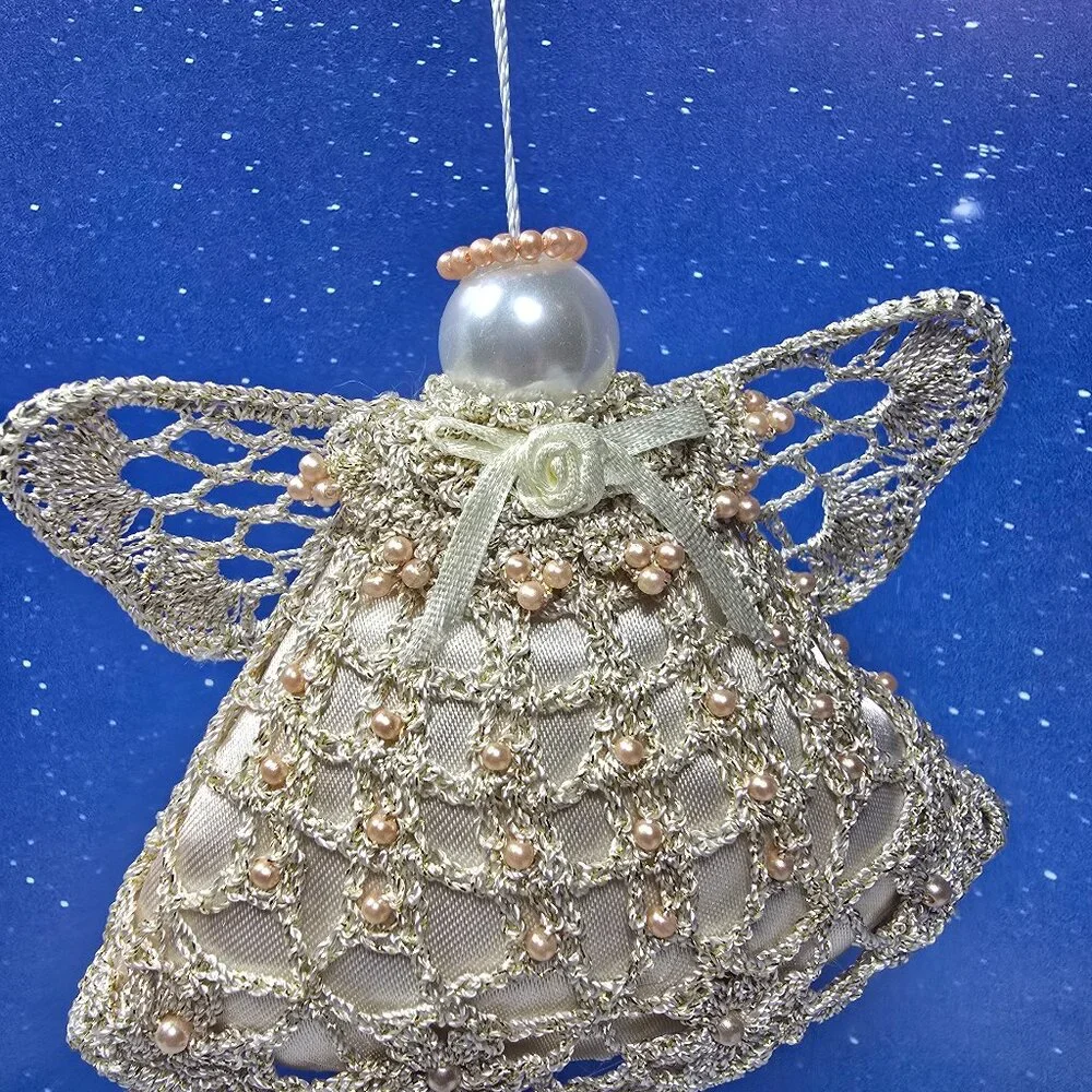 Hand Crocheted Beaded Angel Ornaments Set of 3 Fabric Holiday Decor Spiritual